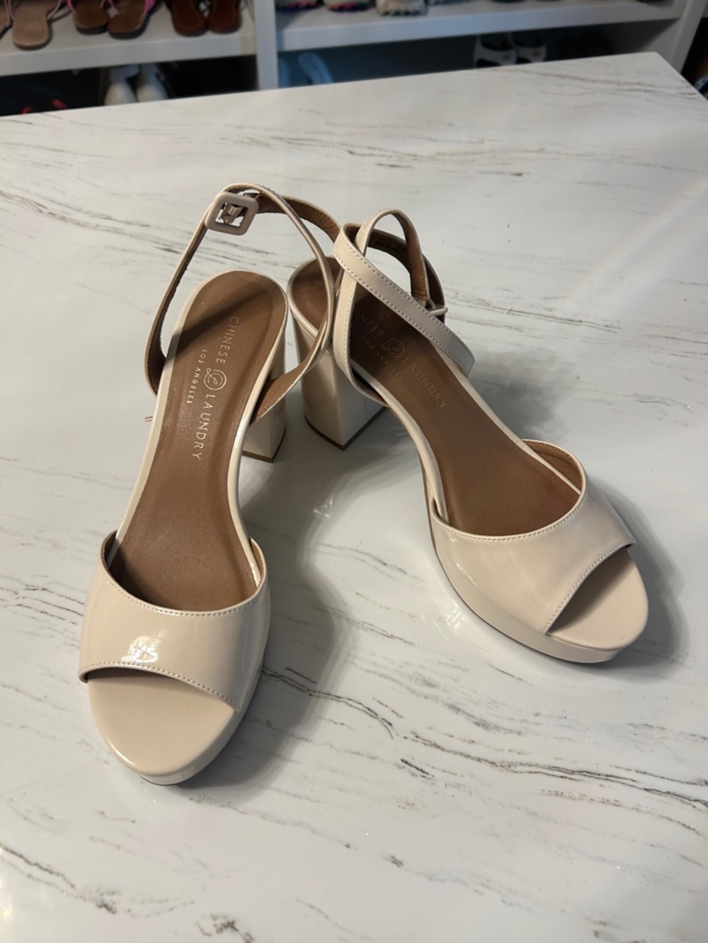 Chinese Laundry Cream Patent Block Heel Sandals with Ankle Strap
